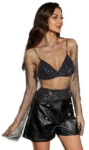 Women Sexy See Through Fishnet Shirt Crop Top Glitter Rhinestones Long Sleeve Blouses, Music Festival Raves Beach Tank Top Bikini Bra Cover Up Costume Party Night Out Outfit Clubwear