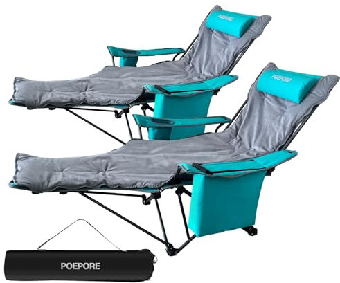 POEPORE Campingstuhl 2er Set Faltbar mit Fußstütze 4-Fach Campingstühle Strandstuhl Liegestuhl für Erwachsene 120kg Klappbarer Angelstuhl mit Kühltasche Wattepad Kissen Getränkehalter Cyan