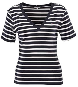 Tommy Hilfiger Camiseta de Manga Corta para Mujer New Slim Cody V-Neck con Cuello de Pico, Multicolor (Nos Breton Desert Sky/Ecru), XXL