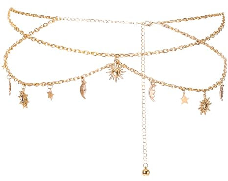 Qianyu Ceinture en métal doré réglable à la taille - Élégante multicouche - Chaîne fine - Soleil et lune - Pour femme - Robe de Noël - Jeans occidentaux - Pull d'Halloween, 41.3 inches/ 105cm, Alliage