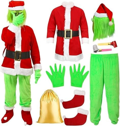 SINSEN Grinch Disfraz de Navidad para adultos, disfraz de Papá Noel con máscara, monstruo verde, disfraz de Papá Noel