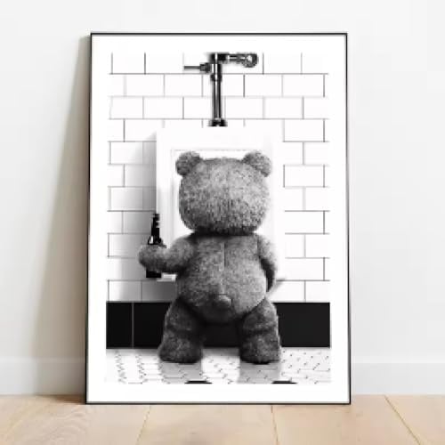 HIPWST Black White Cute Bear Bathroom Decoration Poster Canvas Print Painting Wall Picture Art Modern Room Home Toilet Decor 30x45cm Frameless