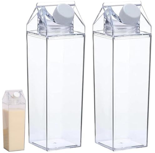 Clear Milk Carton, 2pcs Milk Carton Water Bottle, 1000ml Clear Juice Bottles, Eusable Container, Transparent Square Bottles, Orange Juice, Lemonade, Beer