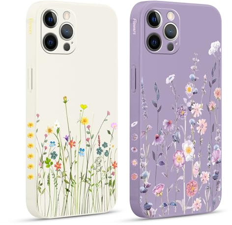 Yirlbey 2 Pezzi Cover per iPhone 12 Pro Max 6,7 Custodia Fiori Disegni Aesthetic Motivo, Lilla Beige Silicone Antiurto Morbido Sottile Protezione Fotocamera Ragazza Case