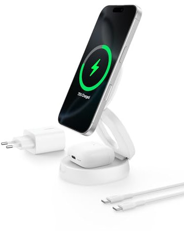 Belkin BoostCharge 2-in-1 Induktive Ladestation mit Qi2, 15W, MagSafe-kompatibles Ladegerät, Kabellose, Kompakte, Verstellbare, für iPhone 17, Air, 16, Pixelsnap, AirPods, inkl. 30-W-Netzteil – Weiß