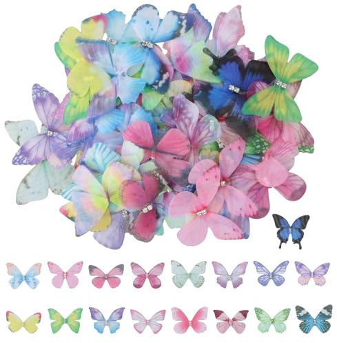 Schmetterlings-Applikationen aus Organza-Stoff, 100 Stück 3D Schmetterlinge, Durchscheinender Chiffon Deko Schmetterlinges für DIY Dekoration, Scrapbooking Gepäck Wand Fenster Haarspange Dekoration