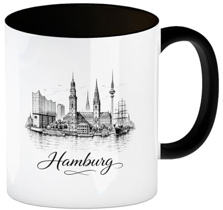 speecheese Kaffeebecher in schwarz Skyline Hamburg Stadtsilhouette | Tasse mit Hamburg-Motiv - für Hamburg-Fans