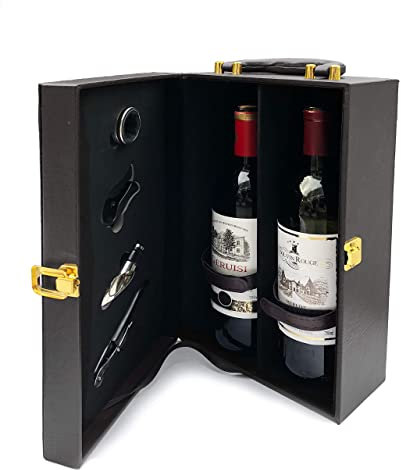Elegant 2 Bottle Wine Box with Tools - in Black - Leather Bound with Carry Handle - Cork Screw, Pourer, Foil Cutter, Napkin/Drip Ring (Wine not Included) **Black**