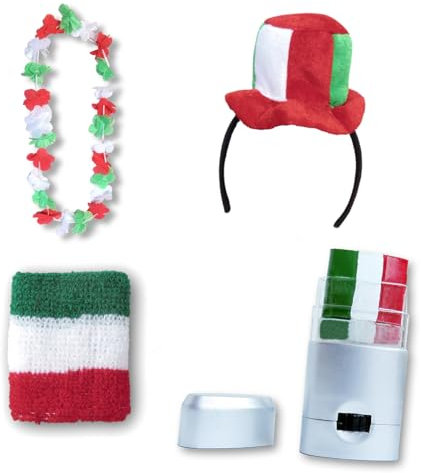 Sonia Originelli Fanset Fanartikel Zylinderhut als Haarreif, Blumenkette, Schminkstift, Schweißband EM WM Fussball Farbe: Italien