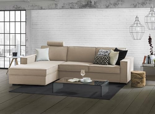 Talamo Italia - Sofa mit Halbinsel Perla, Ecksofa mit Sinistra-Stauraum-Halbinsel, schmale Armlehnen, 100 % Made in Italy, 260 x 95 x 90 cm, Beige