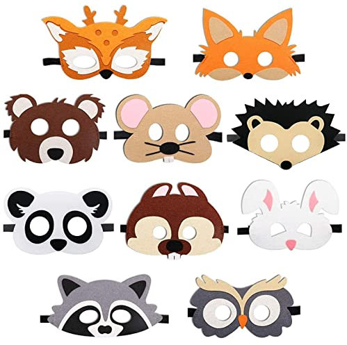Mellystore Tiermasken für Kinder - 10 Stück Filz Masken, Tier Masks, Partymasken, Halbmasken für Maskerade, Weihnachten, Halloween, Geburtstag