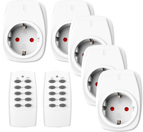 HBN 5X Funksteckdosen mit 2 Fernbedienungen, 16A/3.680W Ferngesteuerte Stecker Set für Innen Weihnachtsdeko, Haushaltsgeräte, Reichweite 30m, Weiß