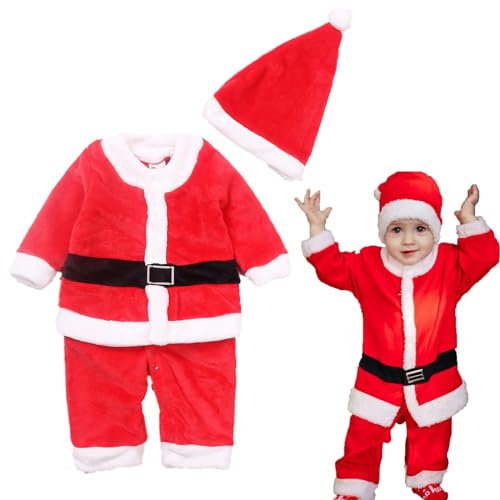 Hifot Baby Weihnachtsoutfit Junge Mädchen Weihnachten Fleece Warm Strampler Neugeborene Weihnachtskleid Weihnachtskostüm Santa Schlafstrampler mit Weihnachtsmütze