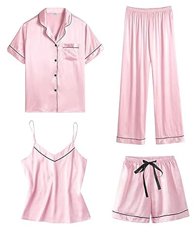 Satin Pyjama Damen Kurz 4-teiliges Schlafanzug Kurzarm Nachtwäsche Cami and Shorts Set Frauen Pjs Sets Hausanzug Loungewear