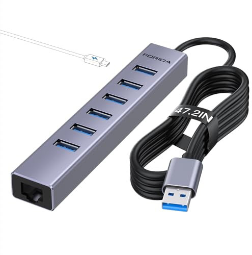Hub USB 3.0 de 7 puertos, concentrador USB Ethernet con cable de 4 pies de largo para laptop, divisor USB con puerto Gigabit Ethernet y puerto de alimentación de 5 V/3 A, expansor de aluminio