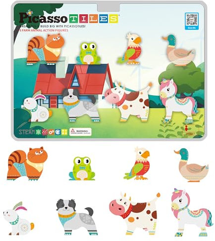 PicassoTiles Magnet Tile Building Blocks 8 Magnetic Farm Animal Action Figures Characters Construction Tiles Compatible Pretend Play Preschool Toy STEM Education Learning Girls Boys Ages 3+ PTA27