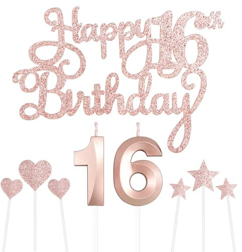 Personalised Happy 16th Birthday Cake Topper with Number 16 Birthday Candles Star Cupcake Toppers Cake Decorations Set - Rose Gold (Set 9)