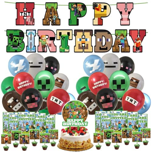 48Pcs Geburtstagsdeko, Mine-craft Luftballons, Mine-craft Party Kindergeburtstags Deko, Mine-craft Geburtstagsfeier Dekoration, Mine-craft Geburtstag Banner, Luftballons, Cupcake Toppers