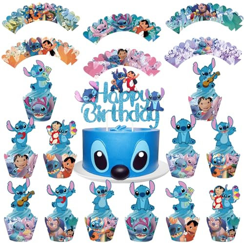 25 Pcs Blue Cake Toppers, Cake Decorations Party Decorations Birthday 1 Big Cake Topper 12 Cupcake Toppers Kid Birthday Birthday Party Decorations for Boys Children Kids