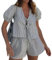 Achlibe Damen Kariertes Outfit Y2k lockerer V-Ausschnitt Puffärmel vorne zum Schnüren Tops Schößchen Shirt elastische Taille Shorts 2-teiliges Set, A-schwarz, 38