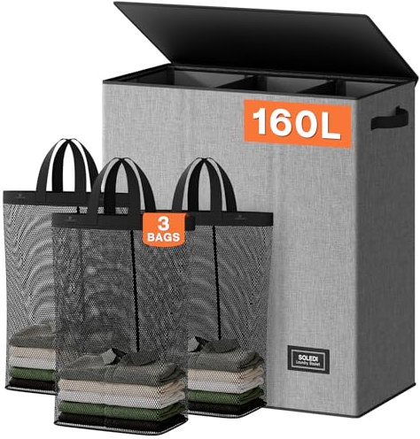 SOLEDI Laundry Basket 3 Section 160L Laundry Hamper with Lid Clothes Hamper Collapsible Washing Basket Bag, Foldable Washing Bin for Bedroom, Laundry room, Livingroom (Grey)