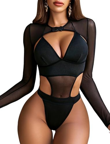 Avidlove Women Sexy Body Lingerie Set Deep V Neck Bodysuit Teddy Tulle Long Sleeve Chic Bustier Top Naughty Sleepwear Underwear Nightwear Black M