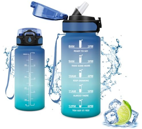 Vikaster Trinkflasche Sport, Water Bottle with Straw 0.5L, Trinkflasche Leak-Proof, BPA-Free, Sportflasche für Camping, Yoga, Gym, Schule, Outdoors