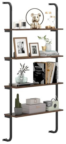 CASART 4-Tier Wall-mounted Ladder Shelf, Wall Bookshelf Display Unit with Heavy-duty Metal Frame, Industrial Pipe Shelving for Living Room Bedroom Kitchen, 70 x 20 x 150cm