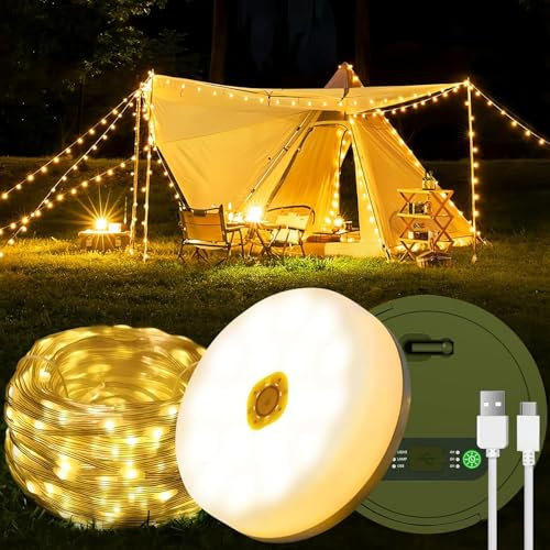DSGKUU Camping Lichterkette Aufrollbar 10M, 4 in 1 Tragbare Wiederaufladbare Lichterkette Außen mit 8 Beleuchtungsmodi, Wasserdichte USB Campinglampe Taschenlampe für Zelt Wander Party