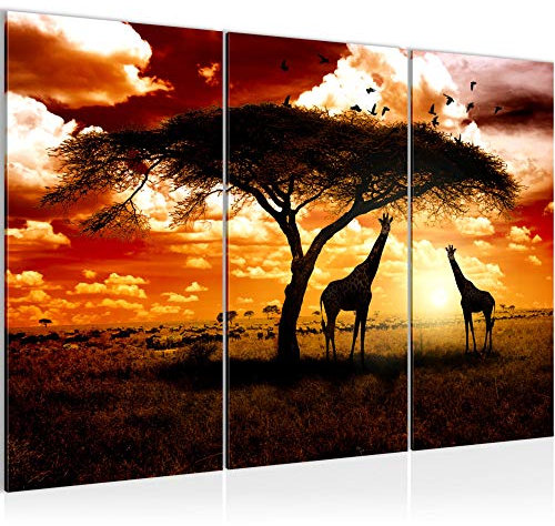 Runa Art Afrique Le Coucher Du Soleil Peinture Tableau Salon XXL Orange Girafe Savane 120 x 80 cm 3 Parties Decoration Murale 001531b