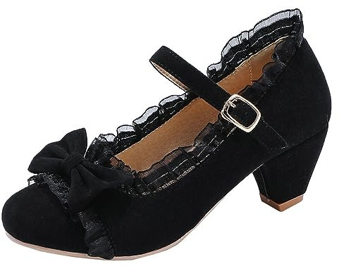 MISSUIT Damen Mary Jane Pumps Blockabsatz mit Riemchen und Schleife Lace Rockabilly Round Toe Schuhe(Schwarz,35)