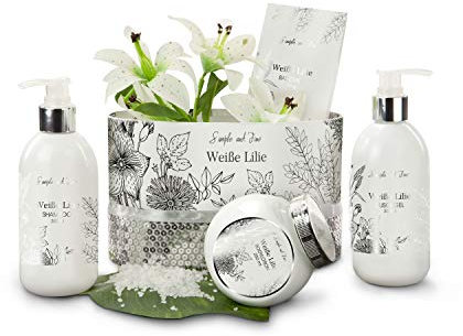 Römer Wellness Geschenkset: Weiße Lilie, 5-teilig: 100 g Badesalz, 300 ml Duschgel, 300 ml Shampoo, 250 ml Bodylotion im Duft weiße Lilie + Schmuckkarton; Maße: ca. 20,5 x 10,5 x 27 cm
