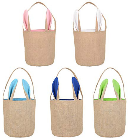 SWECOMZE 5pcs Groß Osterhasen Taschen Jute Ostertasche mit Ohren Jutebeutel Sammeltasche Ostern Hase Tasche, 22x20cm