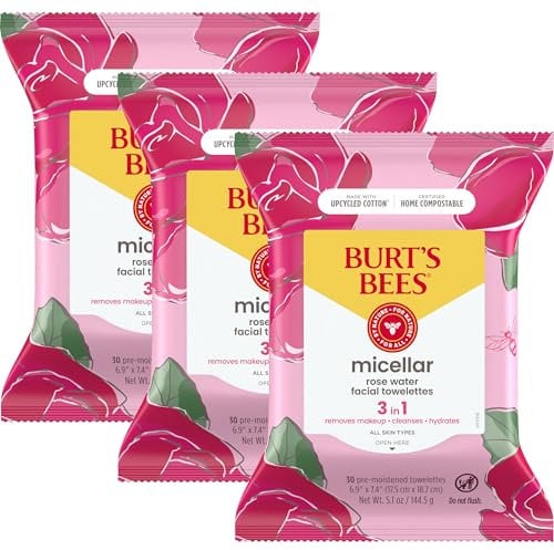 Burts Bees Mothers Day Face Wipes Gifts for Mom, Makeup Remover Facial Cleansing Towelettes for All Skin Types, 3 in 1 Hydrating Micellar Cleanser with Rose Water, 30 Count (Pack Of 3)
