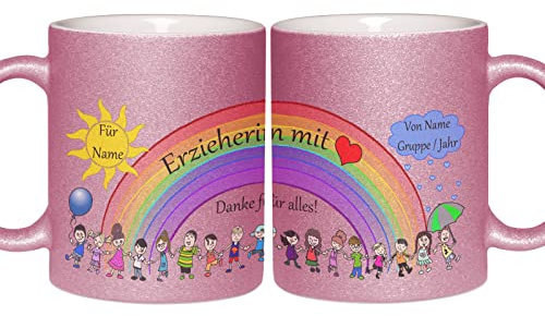 Glitzer Tasse für die Erzieherin mit Herz/personalisierbar mit dem Namen des Kindes, der Gruppe und der Erzieherin/Tassen Farbe wählbar/Erzieherin oder Erzieher/Abschiedsgeschenk Kindergarten