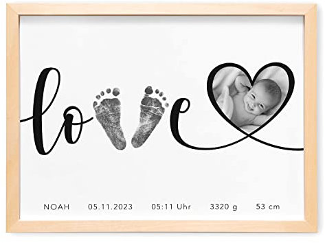DEL MÀ Unique & Personal Baby Fußabdruck Bild Personalisiert mit Foto Geschenk zur Geburt Poster für Babyzimmer Deko Kinderzimmer Dekoration Erinnerung optional mit Rahmen Din A3 (OHNE FARBE)