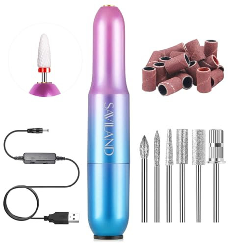 Saviland Electric Nail Files Professional: Portable Nail Drill Machine USB 20000 RPM 7 Nail Drill Bits 51 Sanding Bands for Acrylic Dip Powder Gel Polish Toenail Manicure Electric Cuticle Scissors