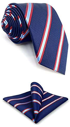S&W SHLAX&WING Krawatte gestreift blau marine mit roten Streifen für Anzug Krawatten Set für Herren extra lang XL groß und groß