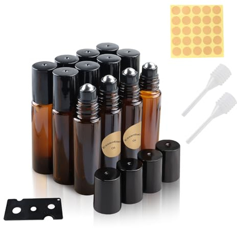 TECDW Lot de 12 pièces Bouteille Roll On Vide, Flacon Roll On Vide 10 ml avec Rouleau Acier Inoxydable, Bouteilles à Huile Essentielle En Verre Rechargeable pour Parfum, Cosmétiques, Lotion