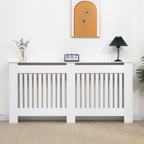 Vivo Technologies Radiator Cover White Modern Horizontal Slats, Extra Large XL Radiator Cover Grill Shelf Cabinet MDF Wood Decorative Heater Cover,White,W 172 x H 82 x D 19 cm