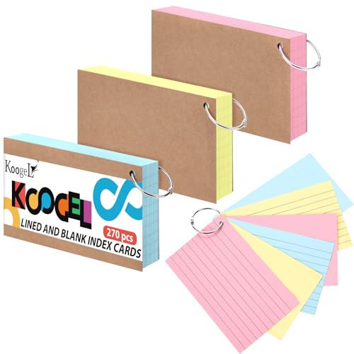Koogel Farbige Karteikarten mit Ring, 7,6 x 12,7 cm große Karteikarten mit Ring, liniert auf beiden Seiten, Notizkarten, liniert, Studium, schwere Karteikarten, 3 Farben für Studium, Schule