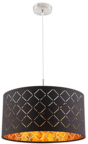 GLOBO Pendellampe Hängelampe schwarz Esstisch modern Wohnzimmerleuchte, Textil Schirm rund, Metall gold, DxH 40x140 cm