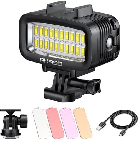 AKASO Underwater Light 131ft (40m) Waterproof Diving Light High Power Dimmable LED Video Light with Cold Shoe Mount and 4pcs Color Filters for Gopro/AKASO Action Cameras and Canon/Nikon SLR Cameras