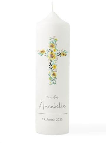 Taufkerze Kreuz Sonnenblume, Taufkerze personalisiert, Taufkerze mit Taufspruch, Segenskerze, Geschenk zur Taufe, Taufgeschenk, Kindersegnung Kerze, Tauf Deko
