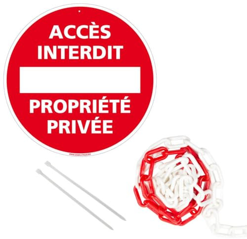 Signalétique.biz France - panneau rond en aluminium 300mm - Accès interdit propriété privée, avec chaîne plastique rouge et blanche 5m + colliers de serrage.