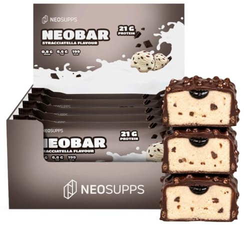 Neosupps Proteinriegel Neobar Stracciatella – 12 x 60 g, 21 g Protein, nur 0,8 g Zucker, Low-Fat, in verschiedenen Geschmäckern erhältlich, Made in Germany – Fitness Snack