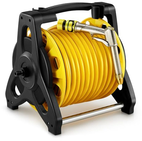 DKIEI Garden Hose Reel with 35M Hosepipe & Adjustable Spray Nozzle Gun, Portable Hose Pipe Reel Retractable and Rewind for Patio & Car Cleaning, Hose Holder Garden Accessories for Lawn Watering