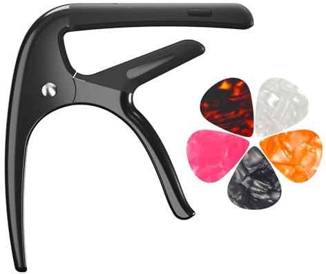 Kapodaster für Akustikgitarre, Gitarrenkapodaster für E-Gitarre, Ukulele und Saiteninstrumente, Gitarrenkapodaster mit 5 Plektren, Gitarrenkapo, Gitarrenklemme (Schwarz)