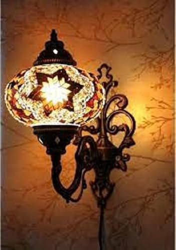 Lámpara Oriental – Lámpara de Pared - Lámpara de Mosaico - Lámpara Turca - Lámpara Marroquí - Ø 13 cm - Altura 28 cm - Hecho a mano - Auténtico - Amarillo y Marrón
