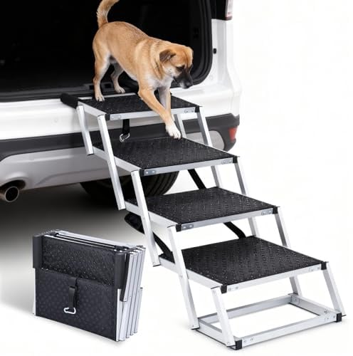 Escalera para Perros, para Coche de 5 escalones Grandes hasta 70kg Rampa para Perros Plegable de Aluminio para SUV, Coche y Camión. Protección de Espuma Anti-Arañazos